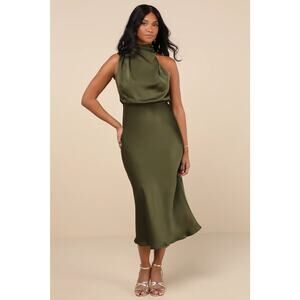 NWOT Lulus Distinctive Charm Olive Green Satin Asymmetrical Midi Dress Size XL